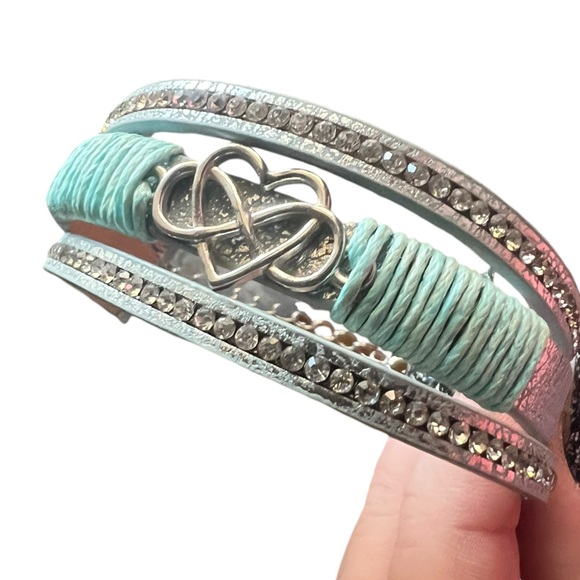 Silver, Rhinestone and Turquoise Heart Infinity Wrap Bracelet - Picture 4 of 7